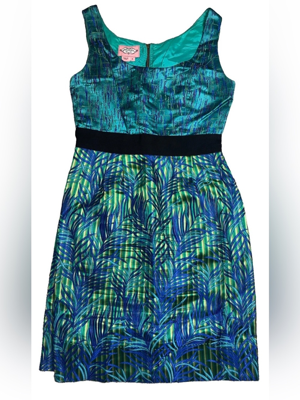 Phoebe Couture Dress Size 4 Silk Blend Tropical Botanical Blue Green Cocktail